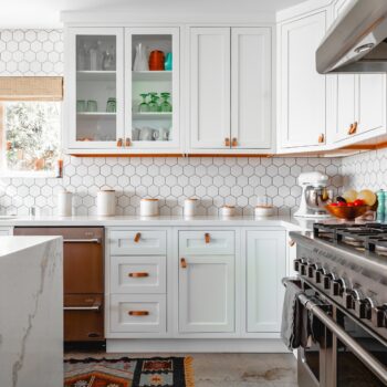White Kitchen with Honeycomb Tile Backsplash