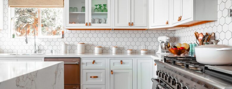 White Kitchen with Honeycomb Tile Backsplash